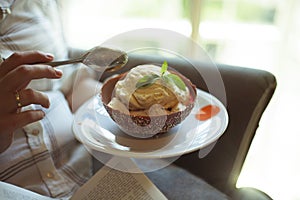 Vanilla ice cream in a bowl made of chocolate