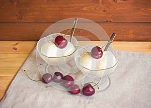 Vanilla ice cream with cherry in glass bowls