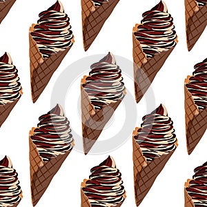 Vanilla ice cream with chocolate and berry toppings in waffle cone background. Realistic vector seamless pattern.