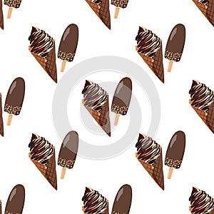 Vanilla ice cream with chocolate and berry toppings in waffle cone background. Realistic vector seamless pattern.