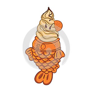 Vanilla ice cream with chocolate topping and cookies in the form of Taiyaki fish isolate on a white background. Vector graphics