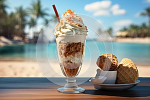 Vanilla ice cream cone on palm beach waffle cup with chocolate topping