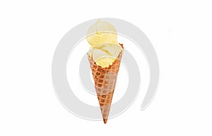 Vanilla ice cream cone on white background.