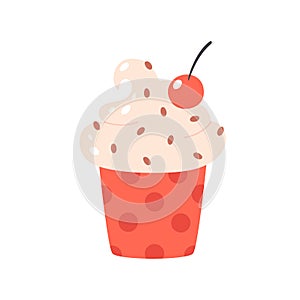 Vanilla ice cream in cup with cherry and chocolate drops. Summertime, hello summer. Hand drawn vector illustration