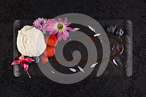 Vanilla ice cream with edible flowers