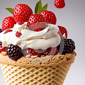 Vanilla ice cream with fresh berries. Sweet berry summer dessert.