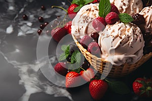 Vanilla ice cream with fresh berries in waffle cone on dark background