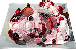 Vanilla ice cream with fruit in plate isolated