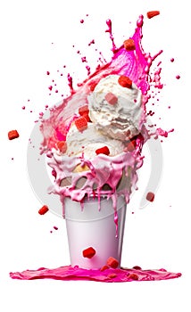 vanilla ice cream with fruit topping, appetizing sweet dessert, fruity colorful syrup splashes, isolated