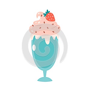 Vanilla ice cream in glass with strawberry. Summertime, hello summer. Hand drawn vector illustration