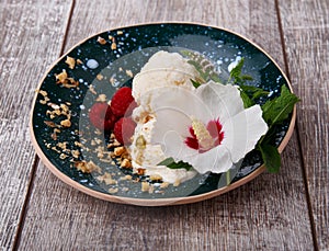 Vanilla ice cream with mint and pretty flower. A bowl of icecream and pink raspberries on a wooden background. Cold summer snacks.