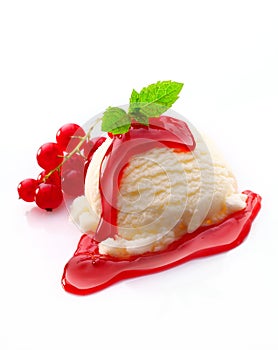 Vanilla ice-cream and redcurrant syrup