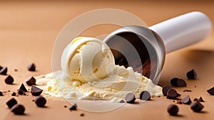 Vanilla ice cream scoop with chocolate chips on white background