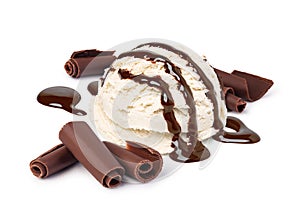 Vanilla ice cream scoop with chocolate sauce