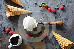 Vanilla ice cream scoop in a spoon