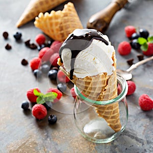 Vanilla ice cream scoop in a waffle cone