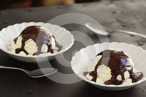 Vanilla Ice Cream Scoops With Chocolate Sauce