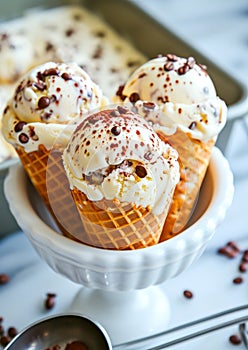 Vanilla Ice Cream Scoops with Chocolate Shavings in Waffle Cones photo