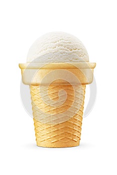 Vanilla ice cream in a sugar crispy waffle cone isolated on white