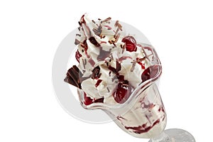 Vanilla ice cream sundae with glace cherries