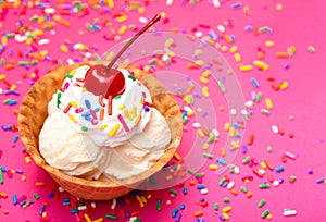 Vanilla Ice Cream in a Waffle Cone Bowl with a Cherry on Top