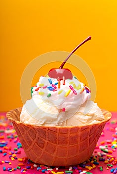 Vanilla Ice Cream in a Waffle Cone Bowl with a Cherry on Top