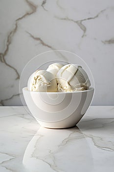 Vanilla ice cream in a white bowl on a marble countertop, generative AI