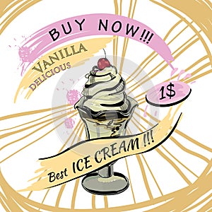 Vanilla Ice-creame with price. Popsicle on a white background. P