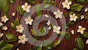 Vanilla leaf branch and flowers on chocolate. Horizontal background for design, banner. Top view.