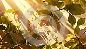Vanilla leaf branch and flowers. Horizontal background for design, banner. Front view. Sunlight.