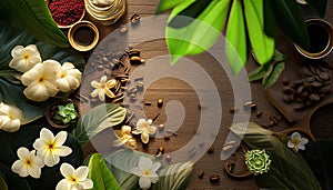 Vanilla leaves and flowers. Coffee beans. Horizontal background for design, banner. Top view. Sunlight.