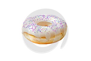 Vanilla milk glazed donut or doughnut with colorful sugar sprinkles on top 3d rendering on white background with clipping path.