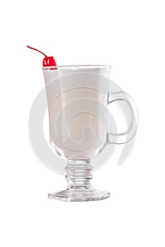 Vanilla milkshake cocktail with cherry in a tall glass Isolated on white background