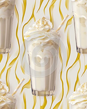 Vanilla milkshakes in elegant glasses decorated with whipped cream and cocktail straws. Vanilla background, seamless