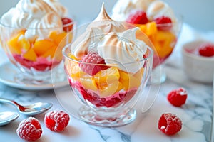 Vanilla peach dessert or melba ice cream with peach fruits. Colorful assortment of fruit salad topped with whipped cream