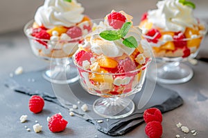 Vanilla peach dessert or melba ice cream with peach fruits. Colorful assortment of fruit salad topped with whipped cream