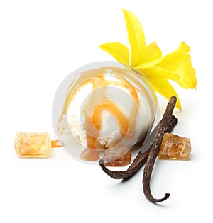 Vanilla pods, flower and ice cream