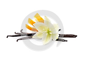 Vanilla pods with vanilla flower and oranges zest
