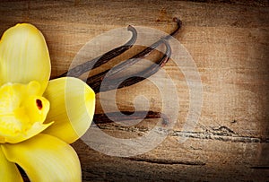 Vanilla Pods and Flower over Wood