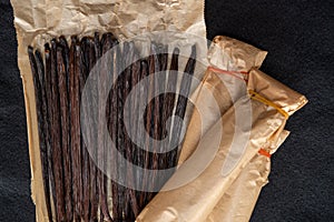 Vanilla pods undergo a aging process until they are browned photo