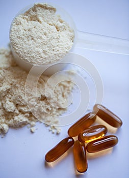 Vanilla protein powder with CLA softgel capsules