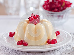 Vanilla pudding with red currants on a plate photo