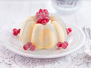 Vanilla pudding with red currants on a plate photo