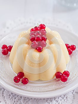 Vanilla pudding with red currants on a plate photo