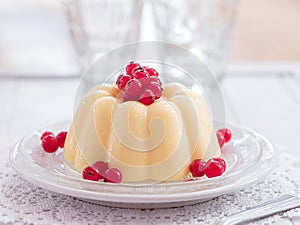 Vanilla pudding with red currants on a plate photo
