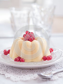 Vanilla pudding with red currants on a plate photo