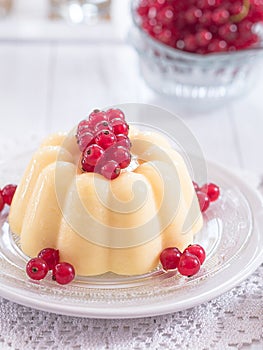 Vanilla pudding with red currants on a plate photo