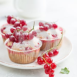 vanilla red currant muffins with fresh berries and powdered sugar