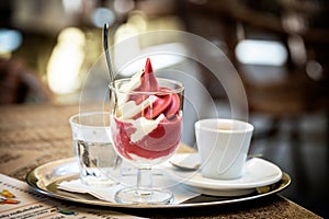 Vanilla and red fruit ice cream in a glass bowl