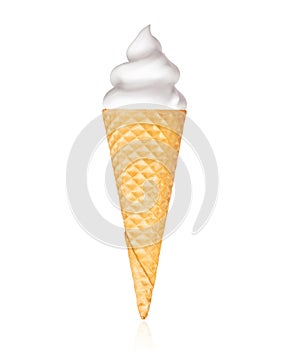 Vanilla soft serve ice cream in wafer cone close-up, isolated on white background